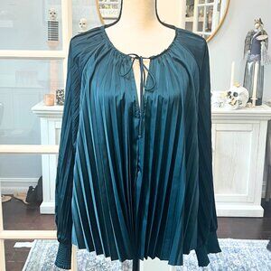 NWT Dear John Deep Teal Pleated Deletta Shirt Tie Front L XL
